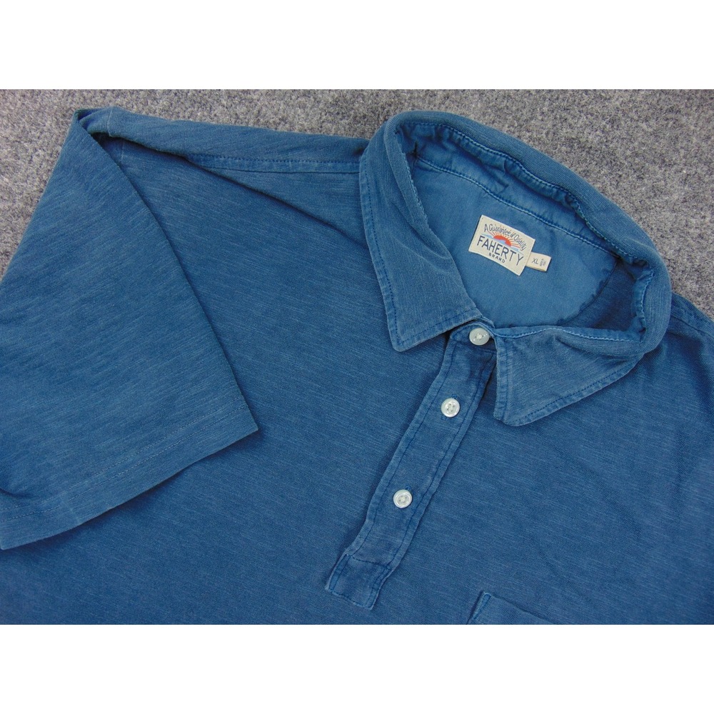Faherty Polo Shirt Mens XL Blue Solid Short Sleeve Slub Knit Pocket Surf Coastal